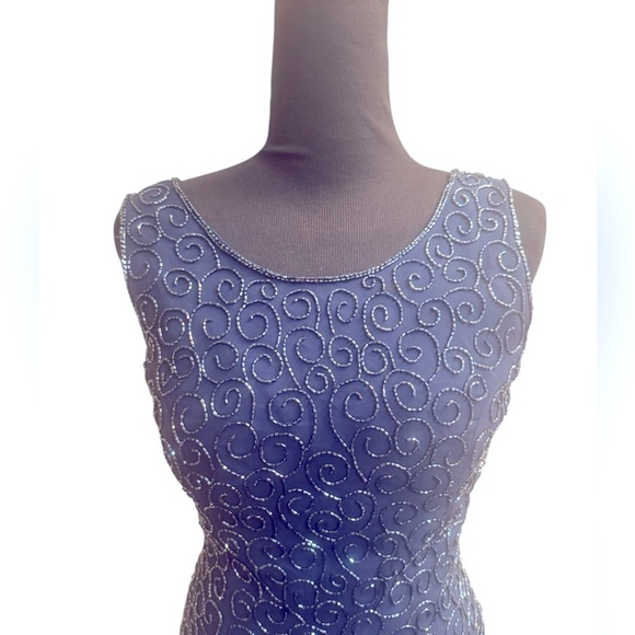 VINTAGE SILK CACHE Sequin 100% Silk Navy Blue Dress SM Formal Slit Floor Length - Picture 4 of 16